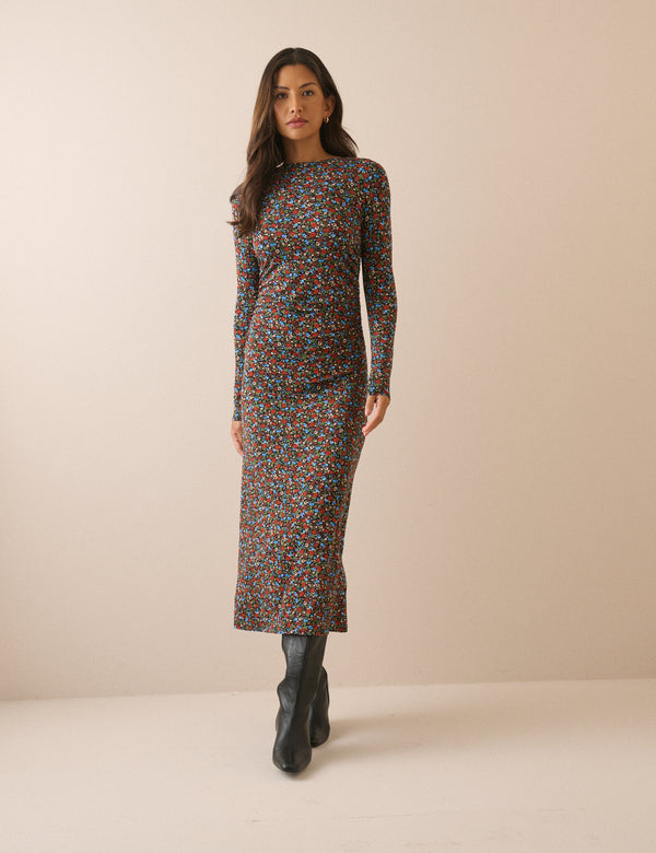 Black Ditsy Floral Jersey Laurella Midi Dress