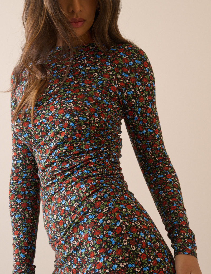 Black Ditsy Floral Jersey Laurella Midi Dress