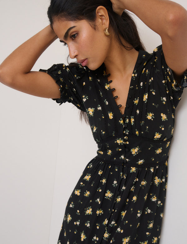 Black Floral Saffy Midi Dress