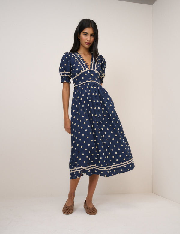 Navy Polka Dot Saffy Midi Tea Dress