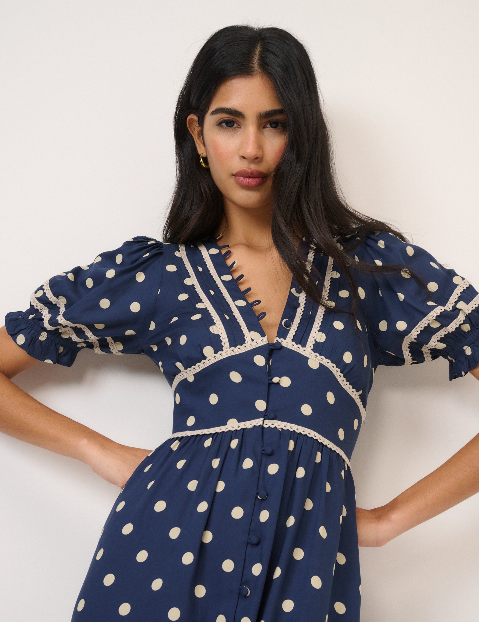 Navy Polka Dot Puff Sleeve Saffy Midi Dress Navy Polka Dot Puff Sleeve Saffy Midi Dress