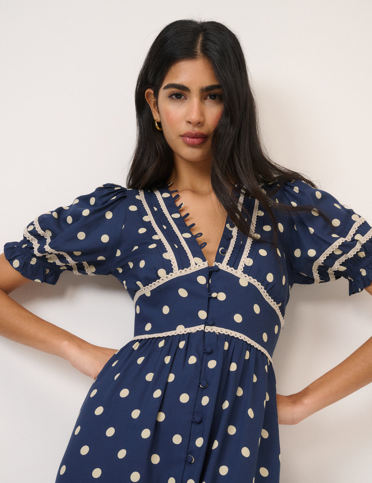 Navy Polka Dot Puff Sleeve Saffy Midi Dress