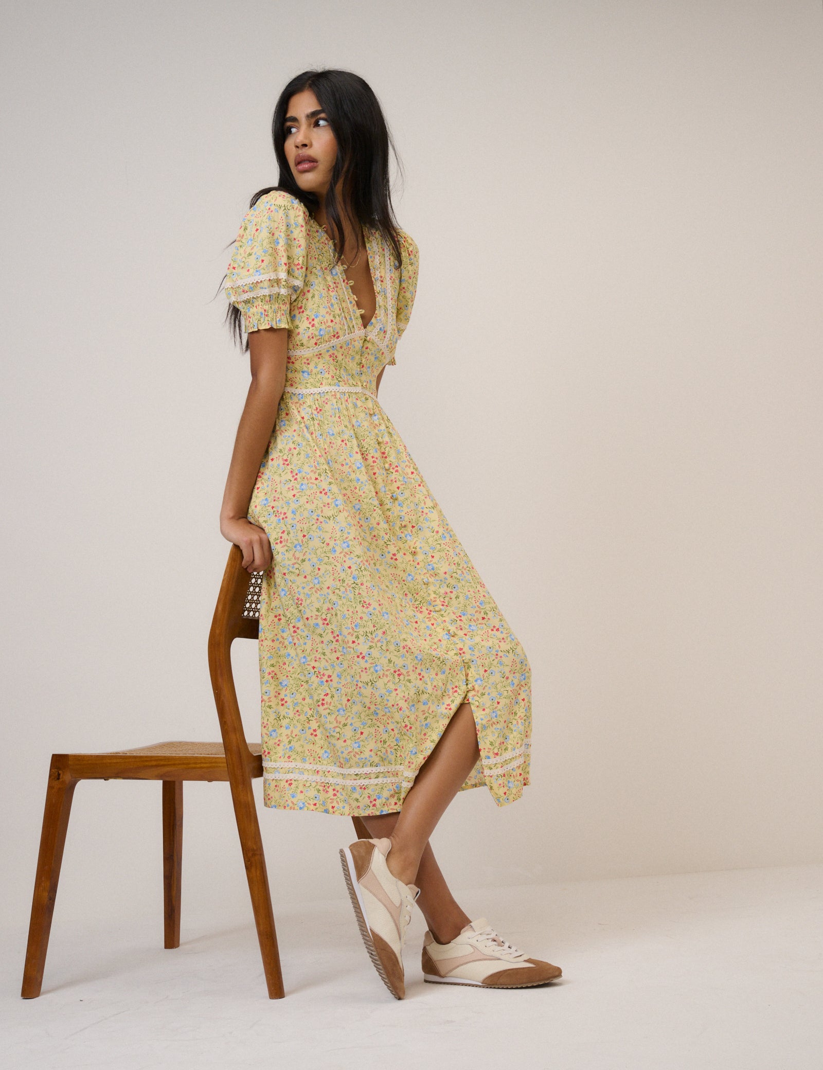Yellow Ditsy Floral Puff Sleeve Saffy Midi Dress Yellow Ditsy Floral Puff Sleeve Saffy Midi Dress