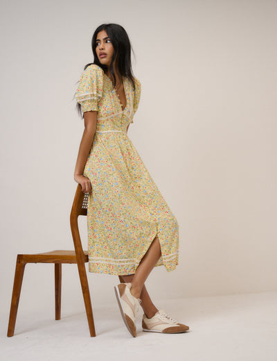 Yellow Ditsy Floral Puff Sleeve Saffy Midi Dress