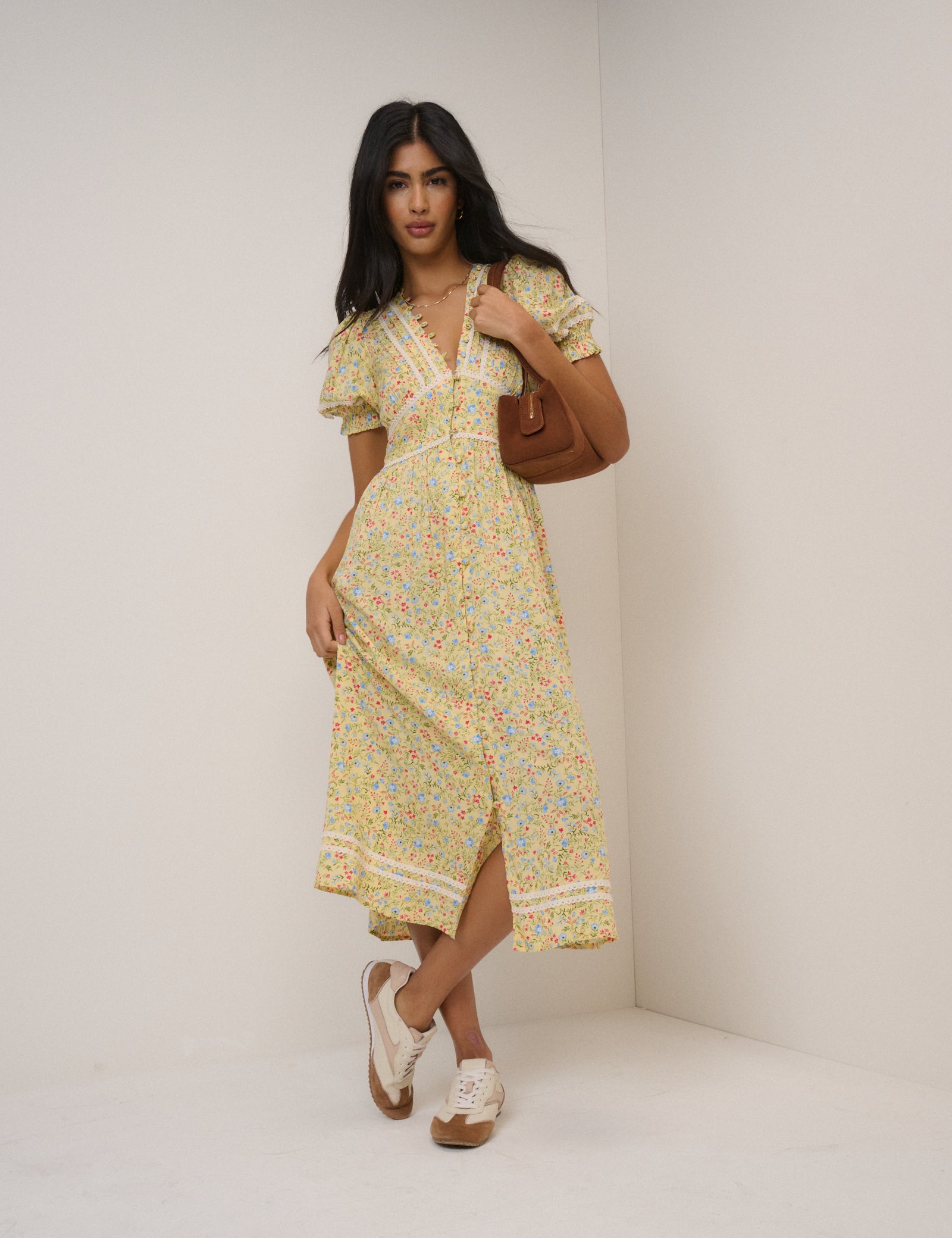 Yellow Ditsy Floral Puff Sleeve Saffy Midi Dress