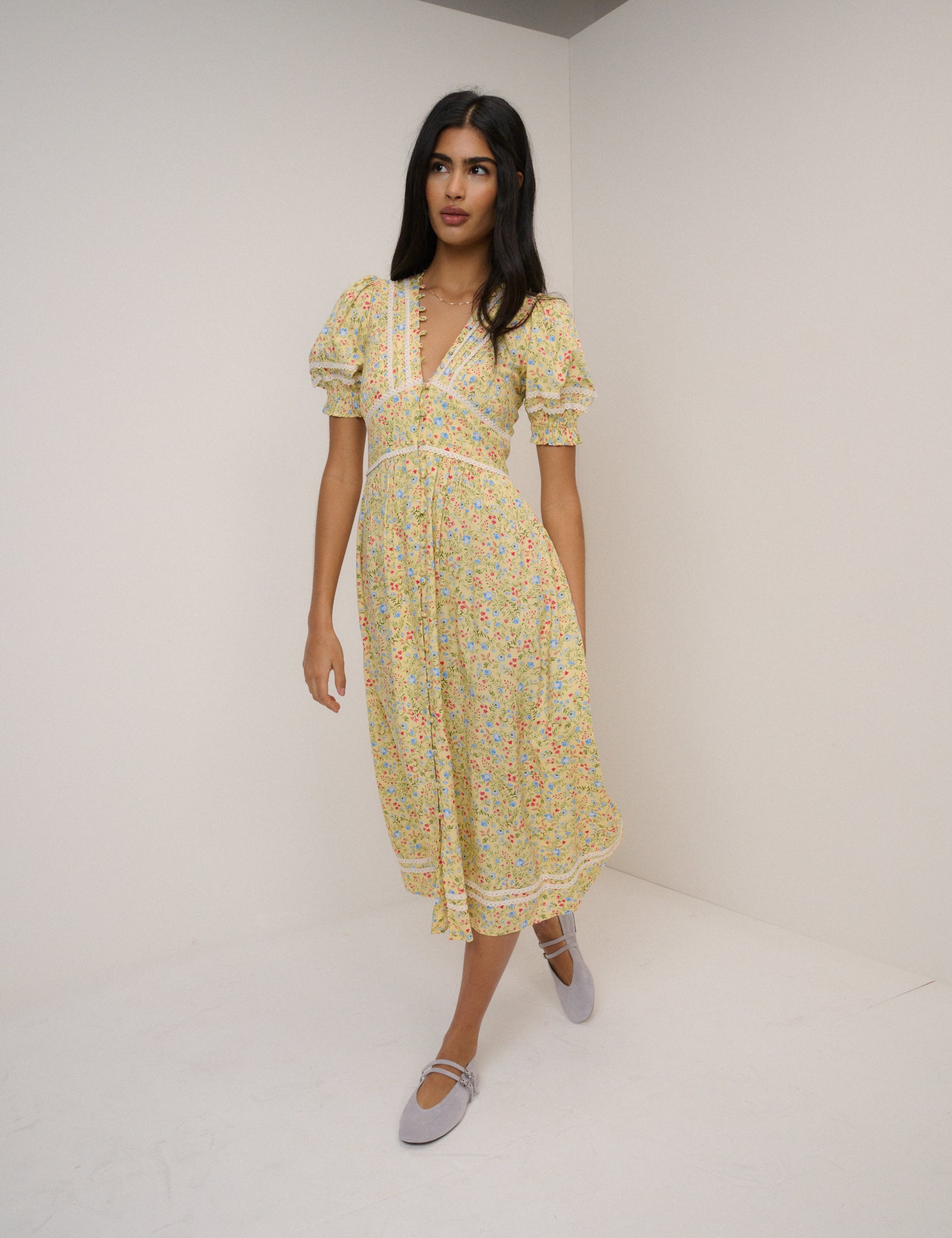 Yellow Ditsy Floral Saffy Midi Tea Dress
