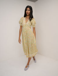 Yellow Ditsy Floral Saffy Midi Tea Dress
