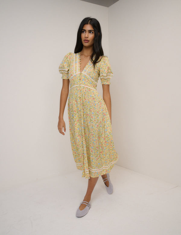Yellow Ditsy Floral Saffy Midi Tea Dress