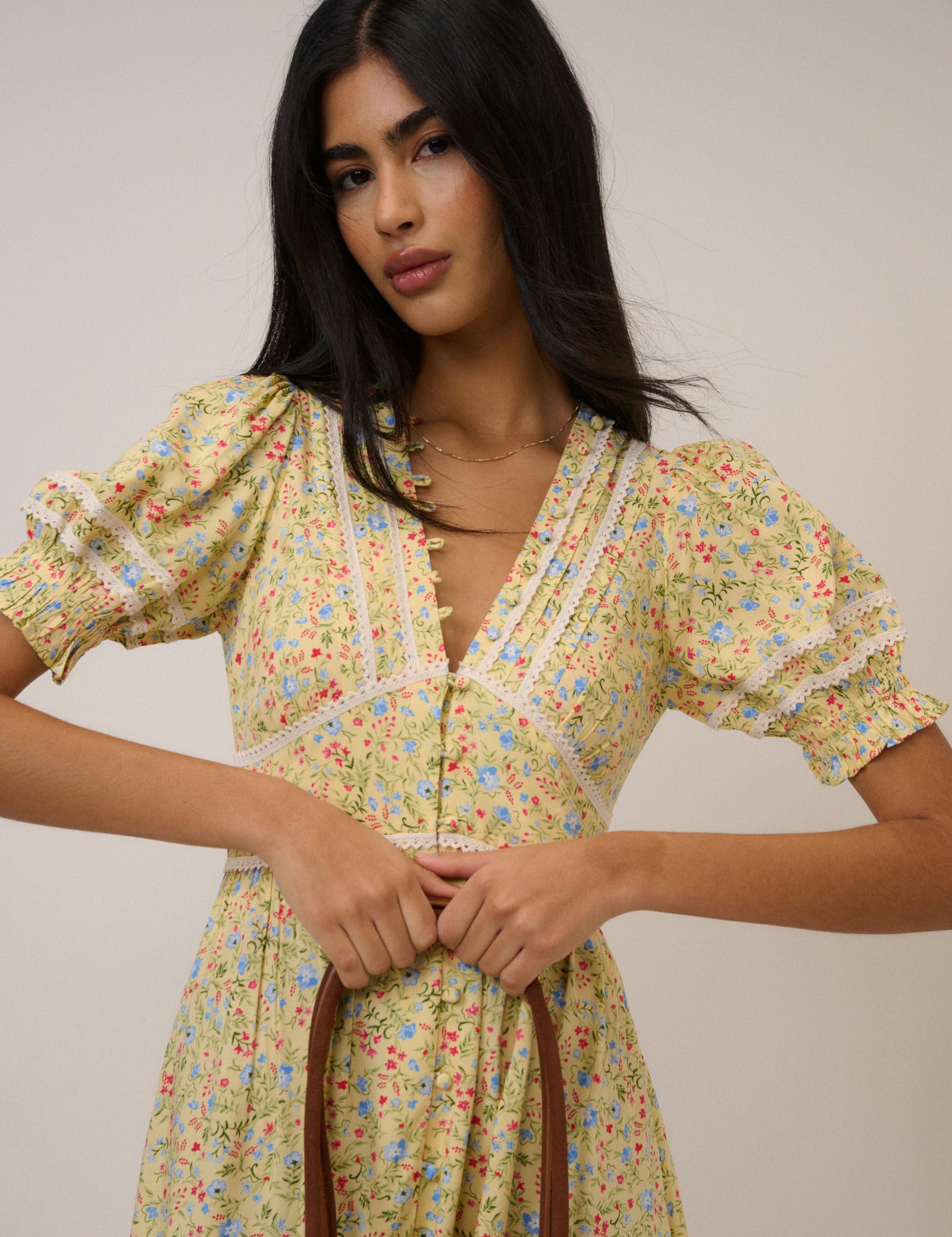 Yellow Ditsy Floral Puff Sleeve Saffy Midi Dress Yellow Ditsy Floral Puff Sleeve Saffy Midi Dress