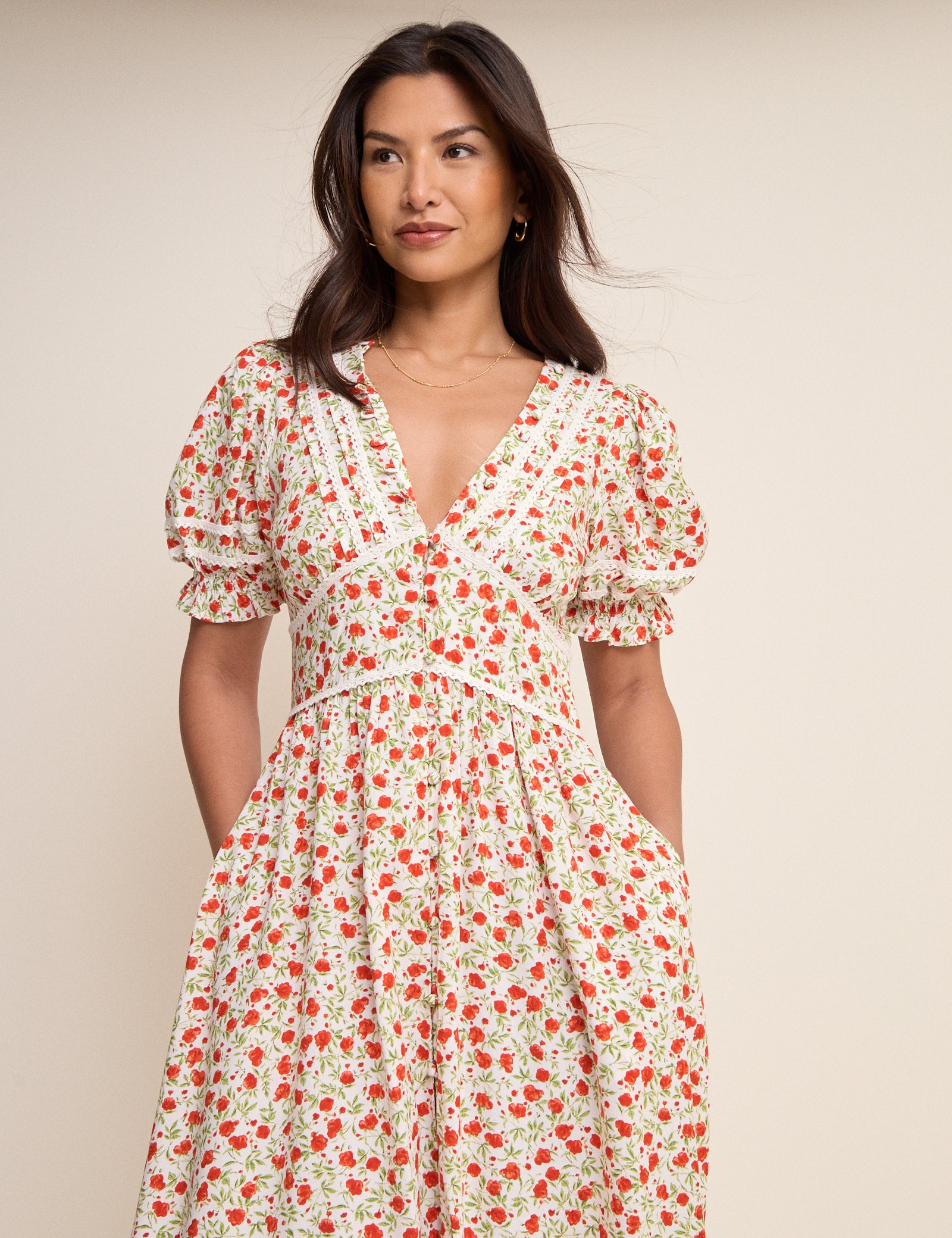 White Floral Puff Sleeve Saffy Midi Dress