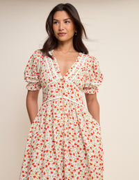 White Floral Puff Sleeve Saffy Midi Dress