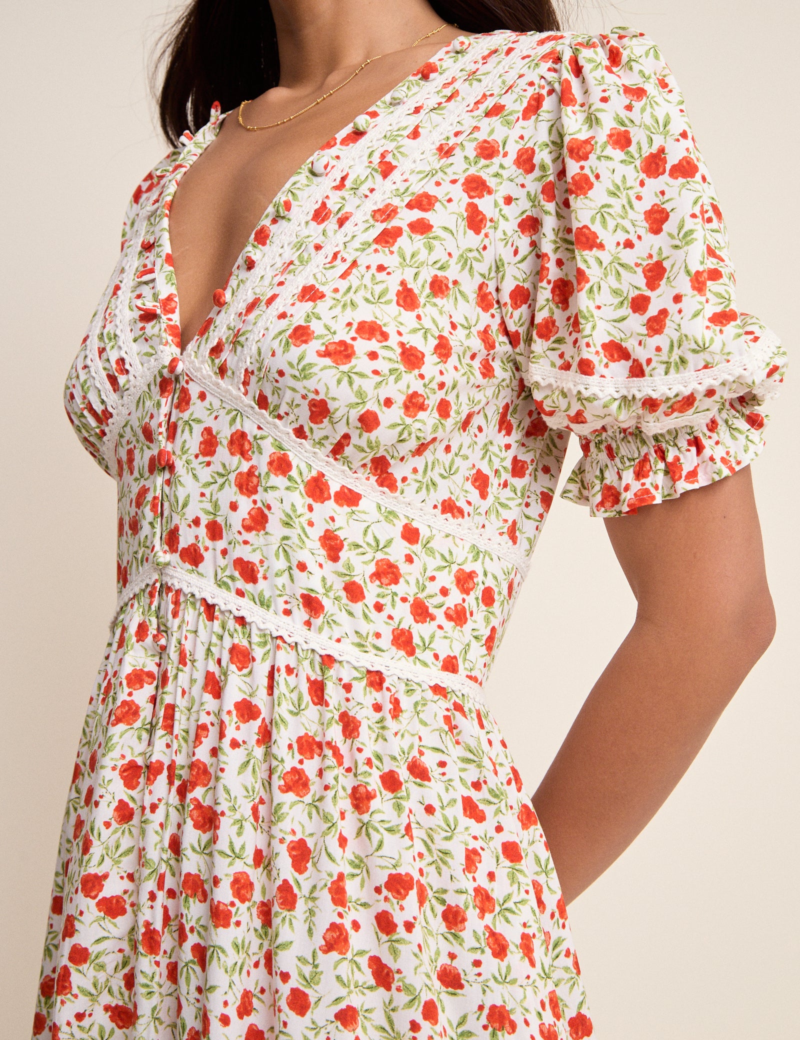 White Floral Puff Sleeve Saffy Midi Dress