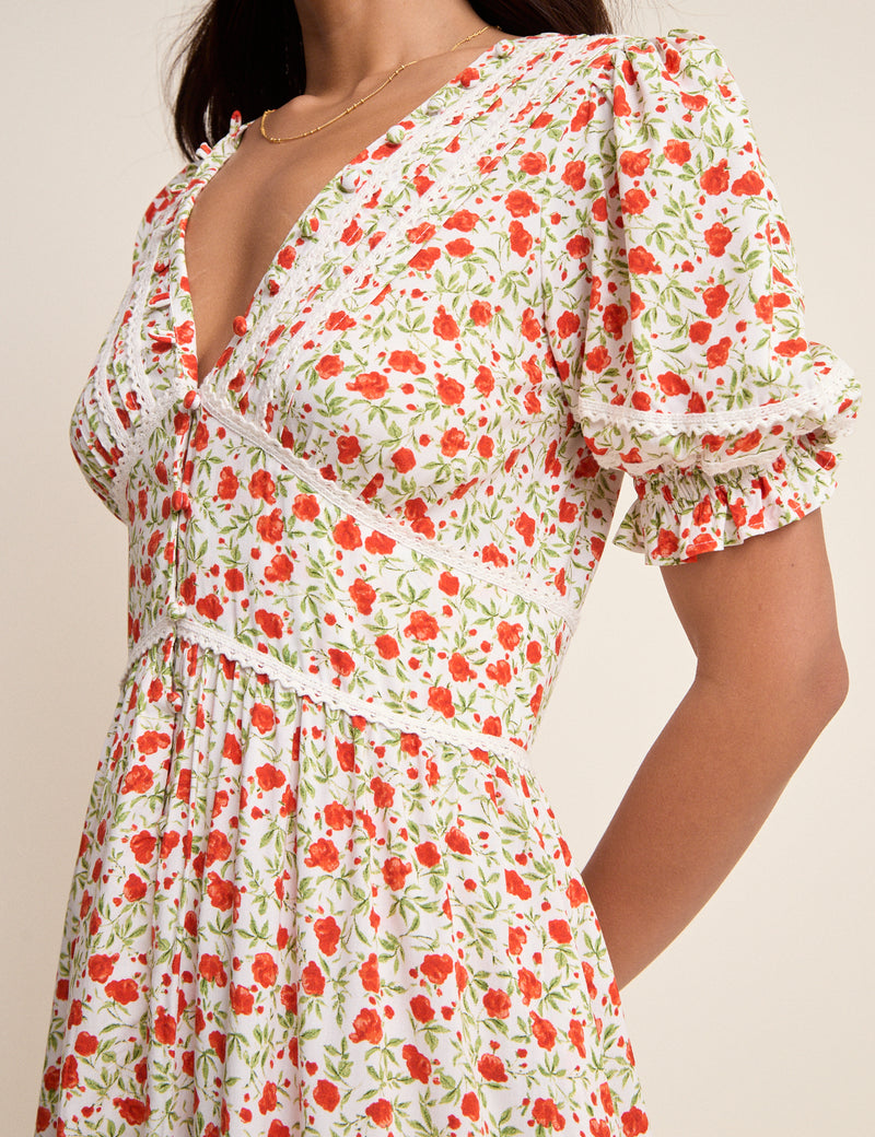 White Floral Puff Sleeve Saffy Midi Dress