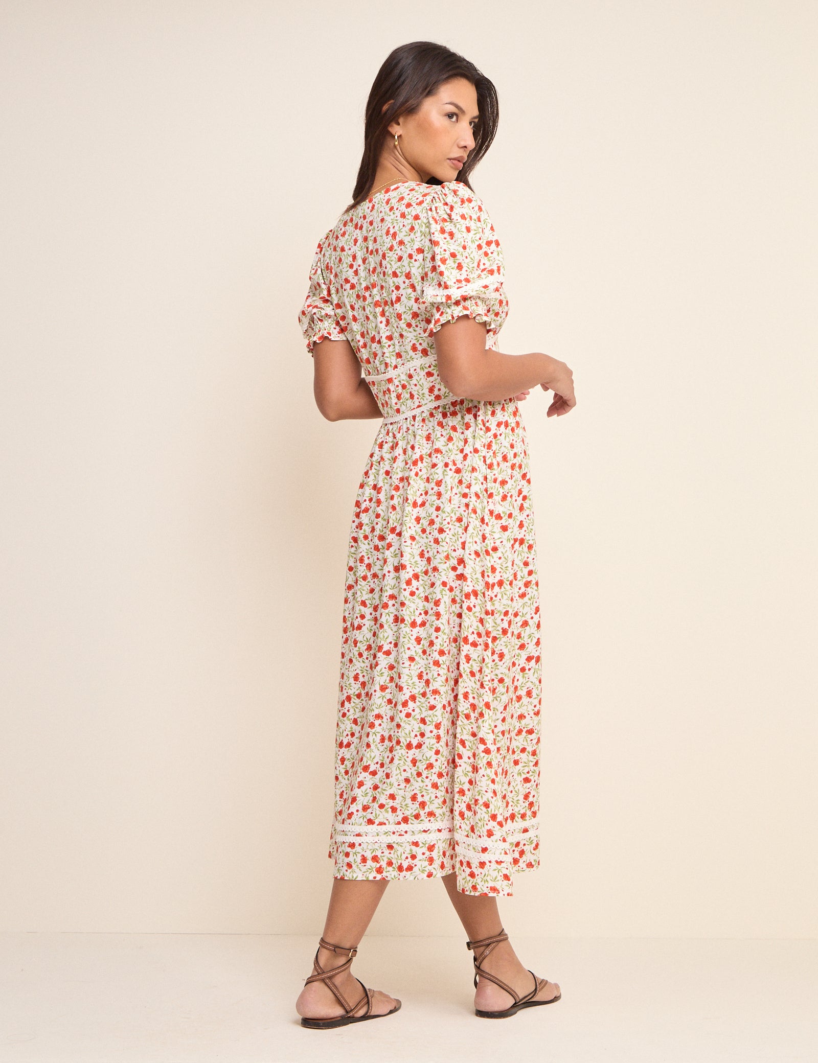 White Floral Puff Sleeve Saffy Midi Dress