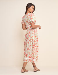 White Floral Puff Sleeve Saffy Midi Dress