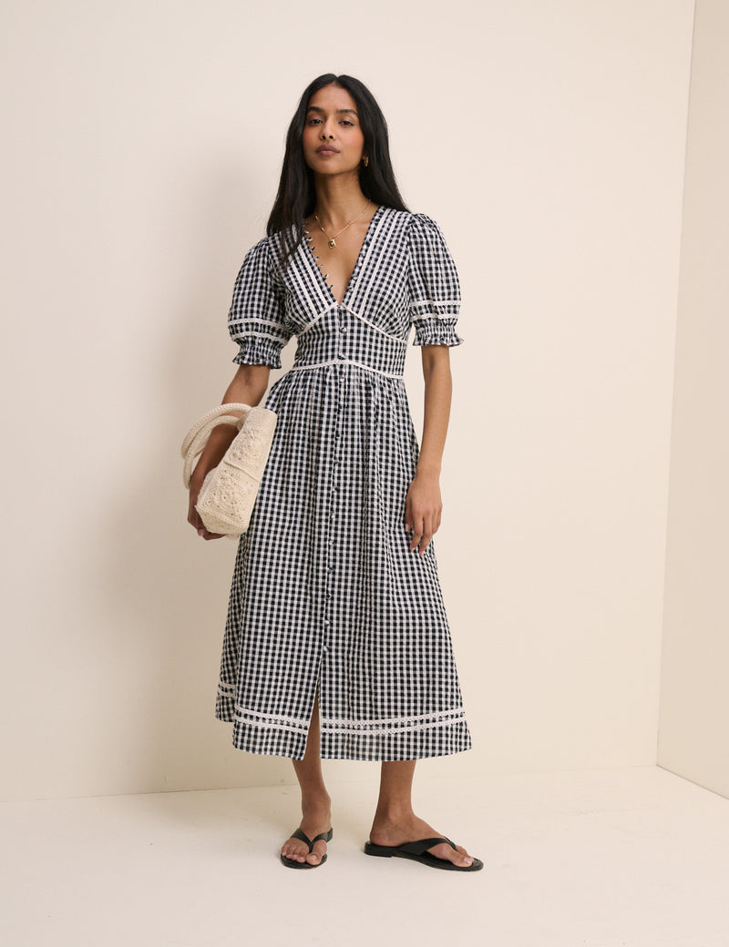 Black Gingham Puff Sleeve Saffy Midi Dress