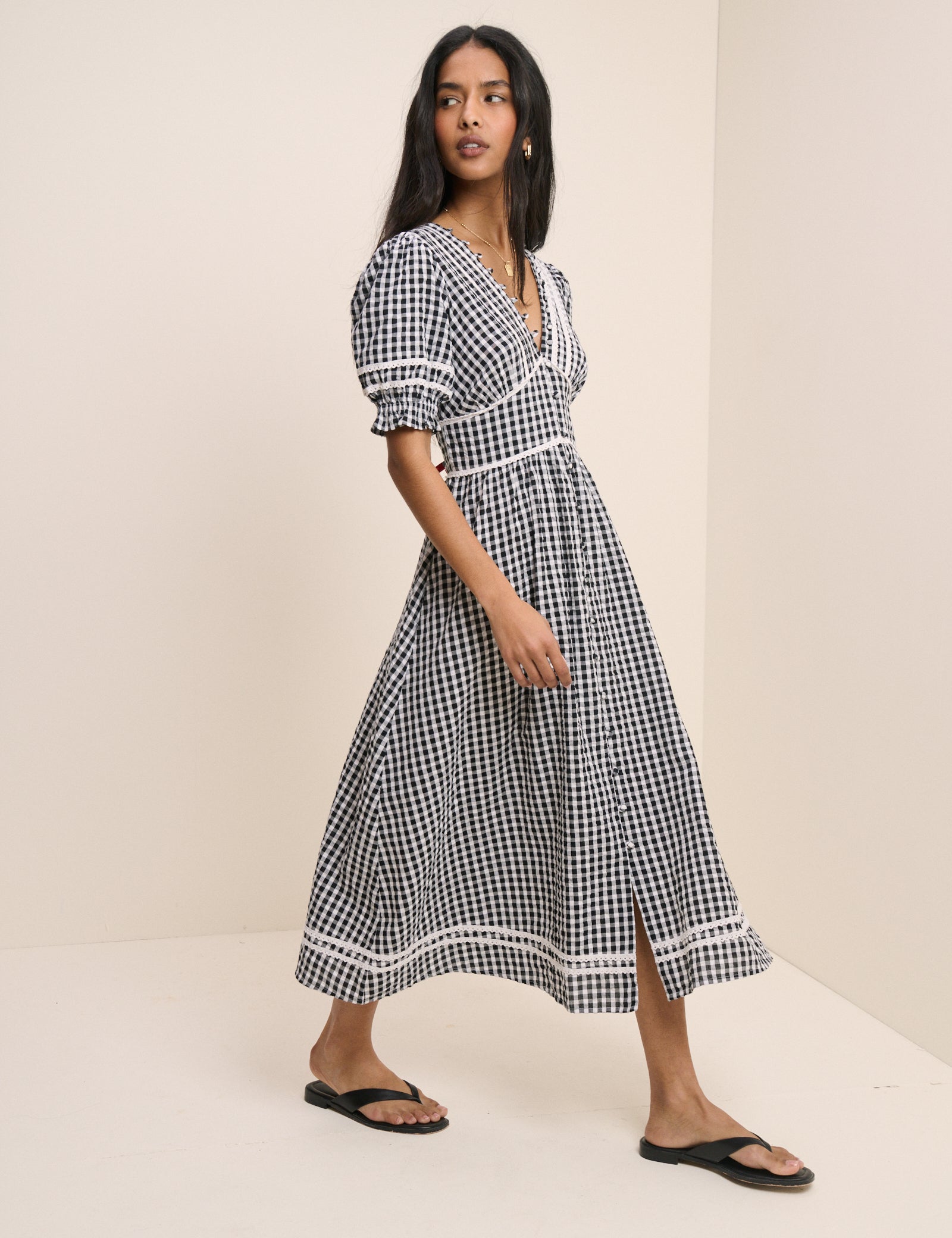 Black Gingham Puff Sleeve Saffy Midi Dress