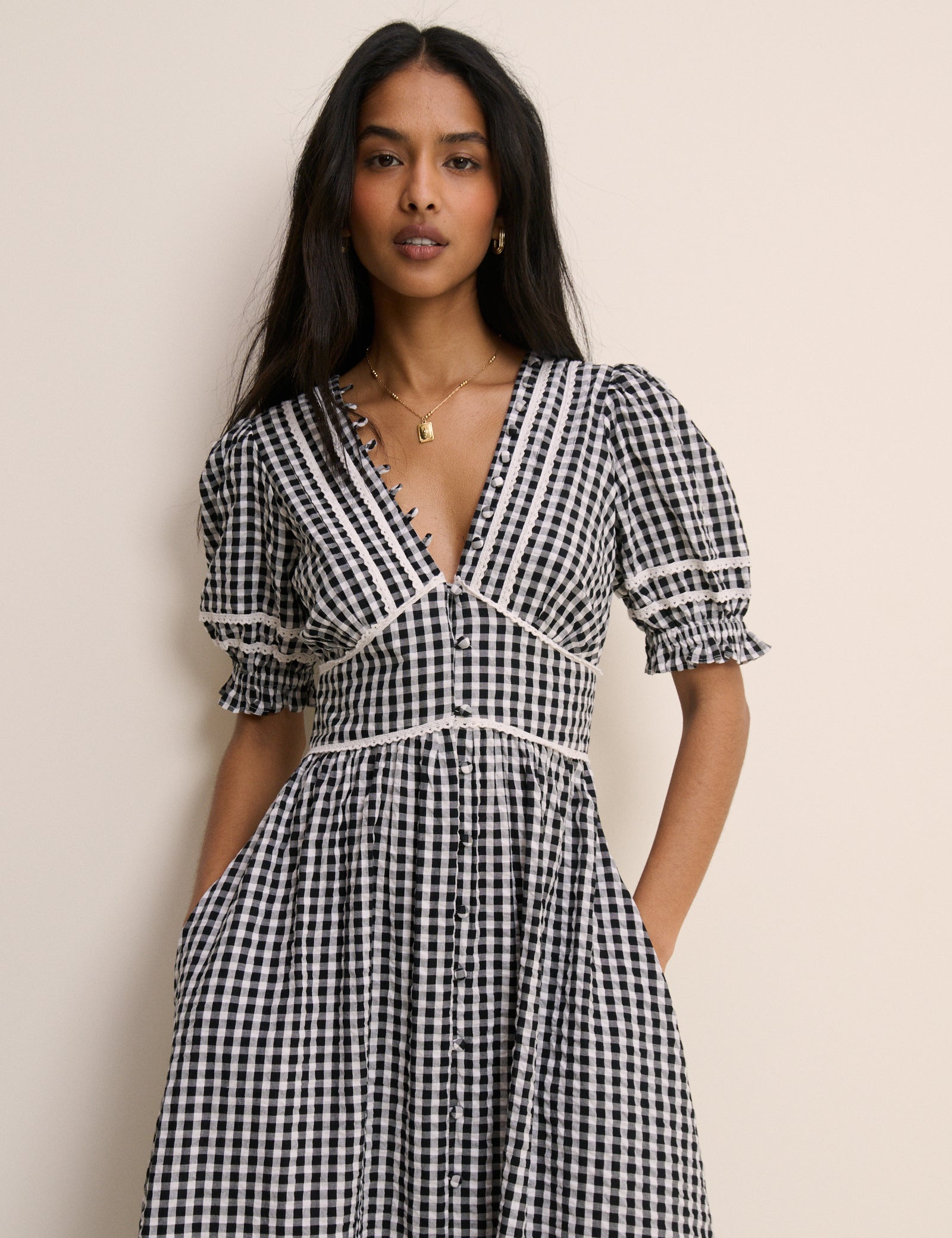 Black Gingham Puff Sleeve Saffy Midi Dress
