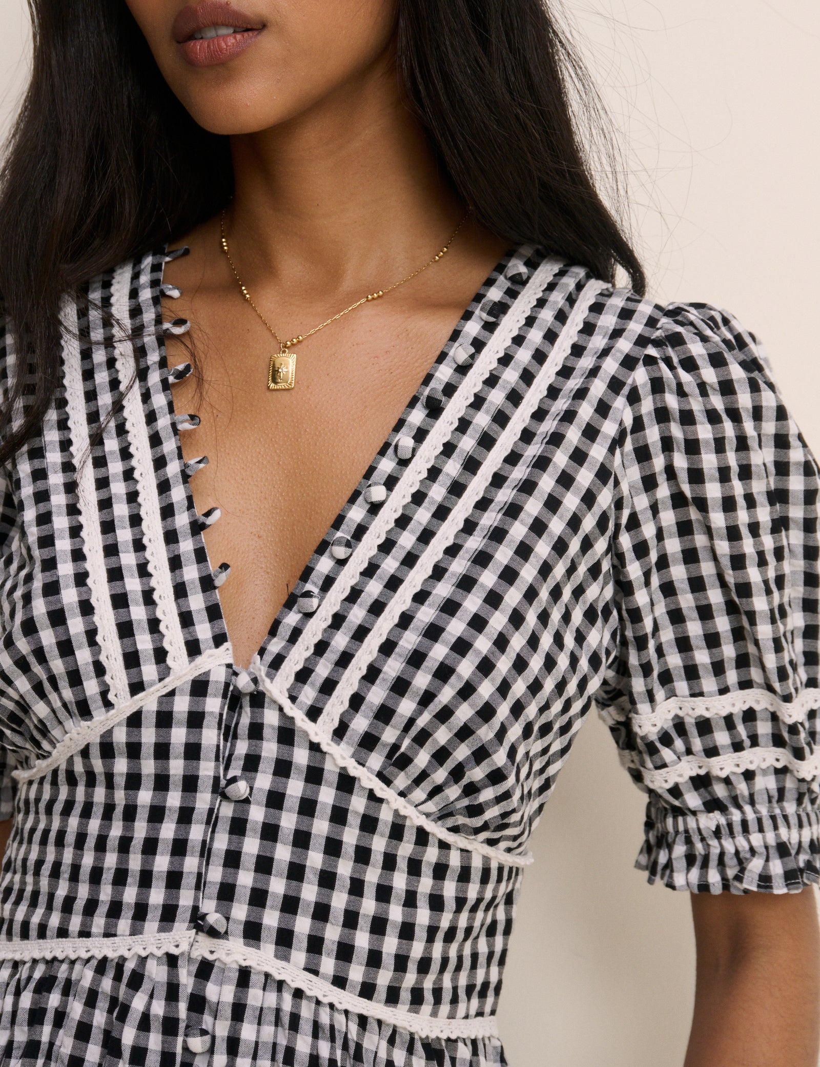 Black Gingham Puff Sleeve Saffy Midi Dress