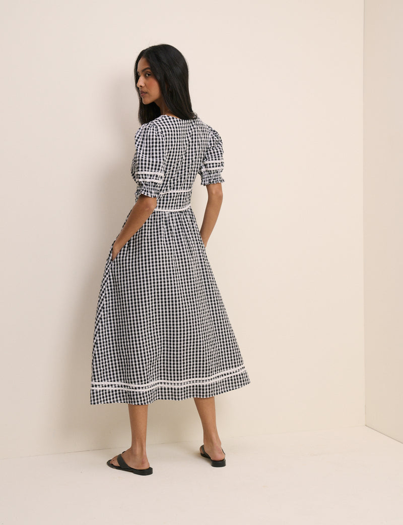 Black Gingham Puff Sleeve Saffy Midi Dress