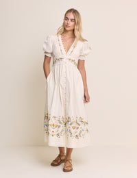 White Embroidered Puff Sleeve Saffy Midi Dress