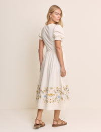 White Embroidered Puff Sleeve Saffy Midi Dress