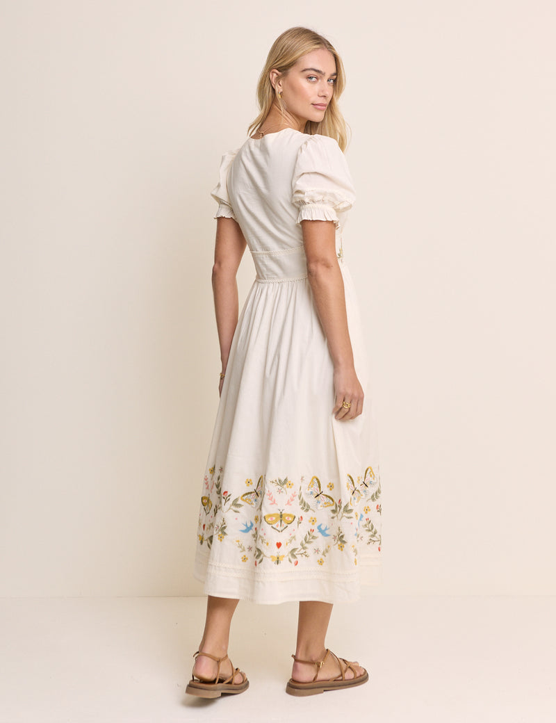 White Embroidered Puff Sleeve Saffy Midi Dress