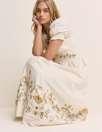 White Embroidered Puff Sleeve Saffy Midi Dress