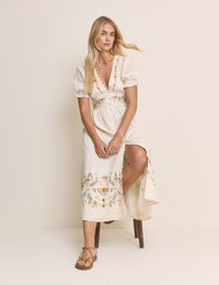 White Embroidered Puff Sleeve Saffy Midi Dress