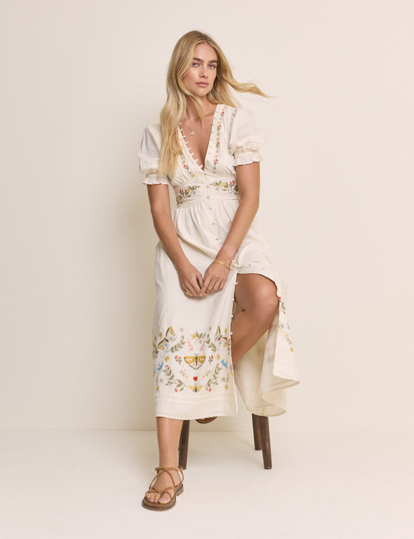 White Embroidered Puff Sleeve Saffy Midi Dress