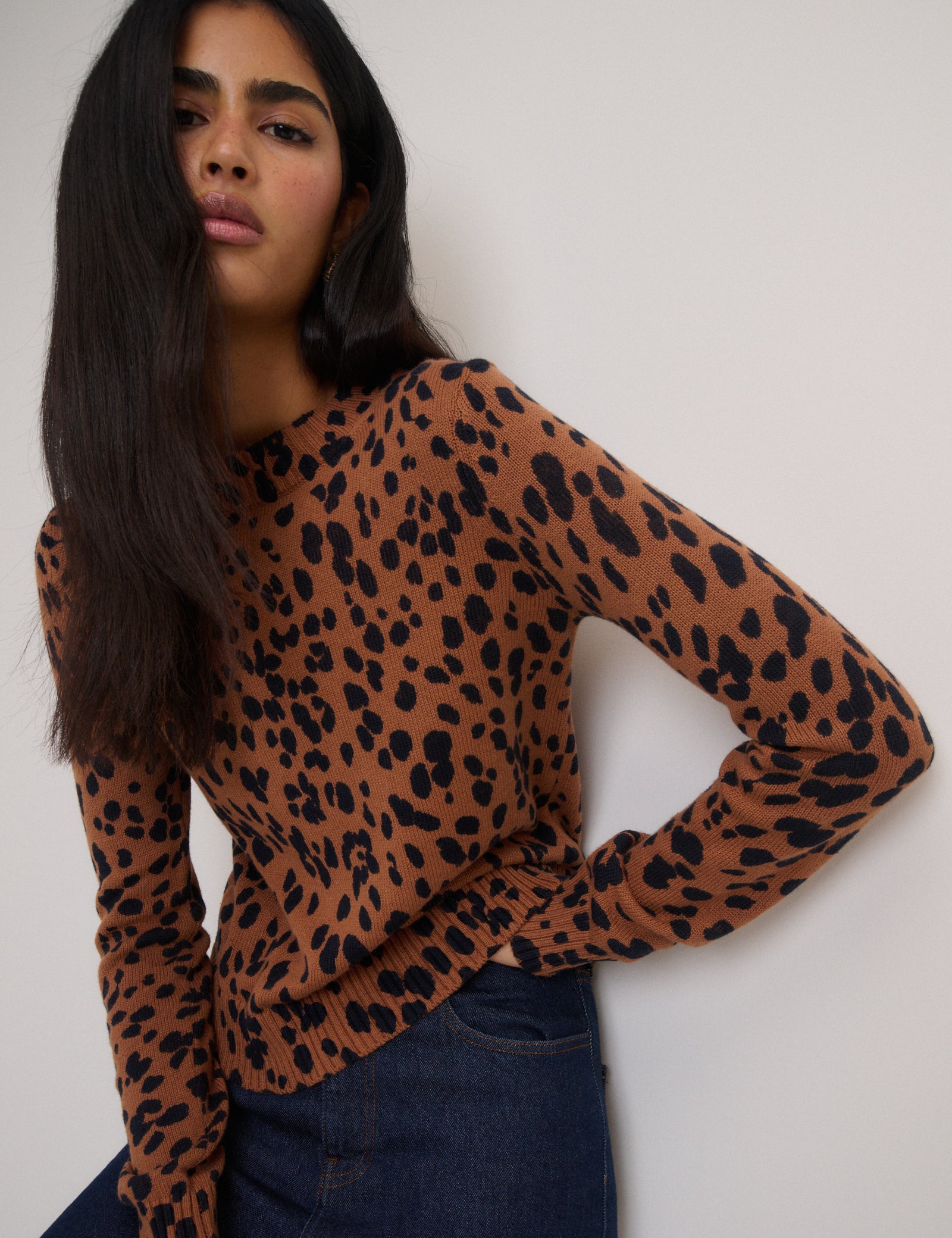 Brown Leopard Print Crew Neck Jumper