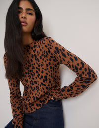Brown Leopard Print Crew Neck Jumper
