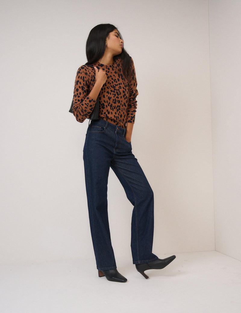 Brown Leopard Print Crew Neck Jumper
