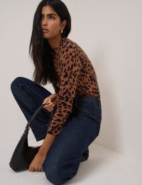 Brown Leopard Print Crew Neck Jumper
