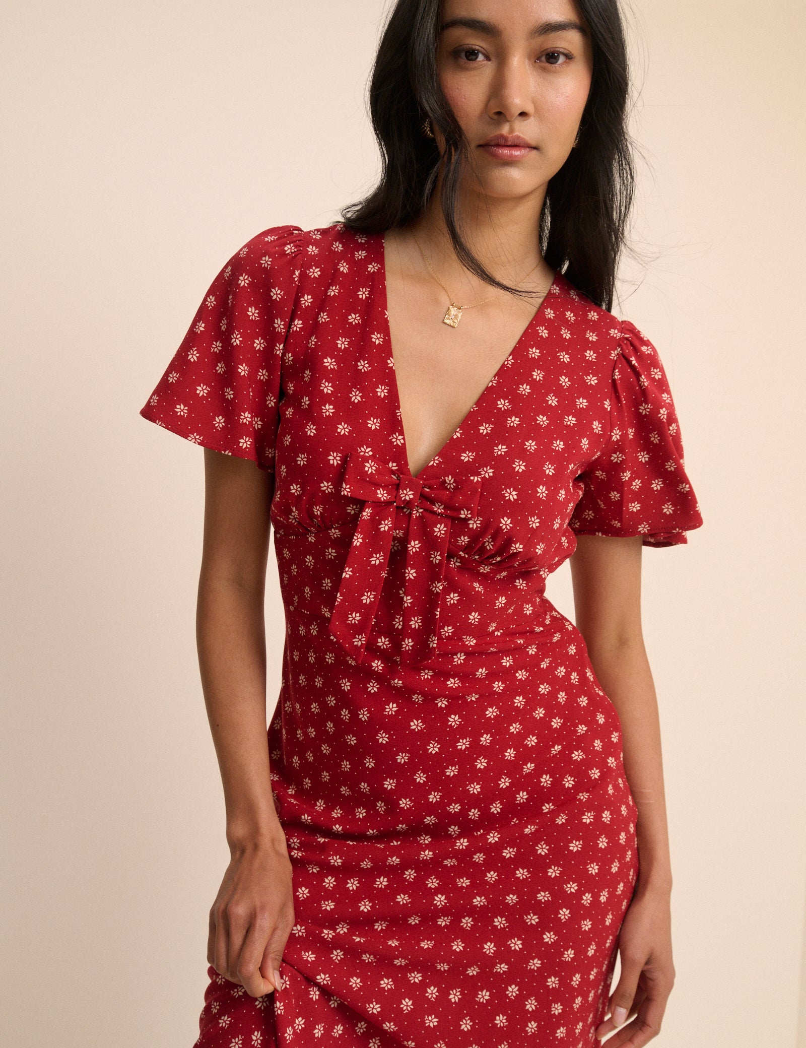 Red Ditsy Floral Faith Midi Dress