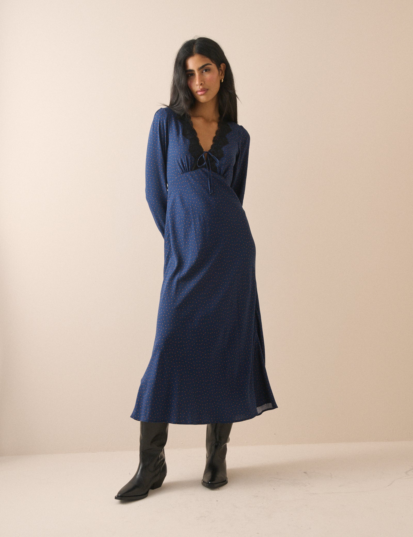 Navy Polka Dot Lace Trim Long Sleeve Aida Midi Dress