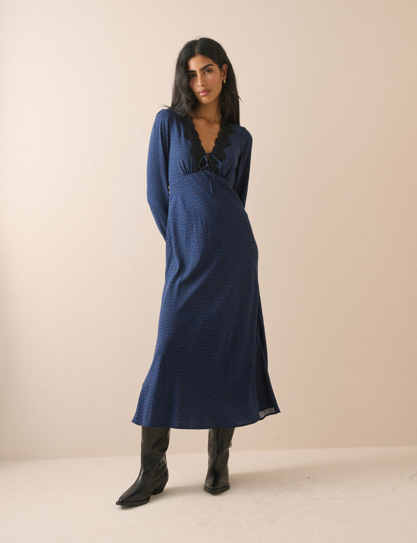 Navy Polka Dot Lace Trim Long Sleeve Aida Midi Dress