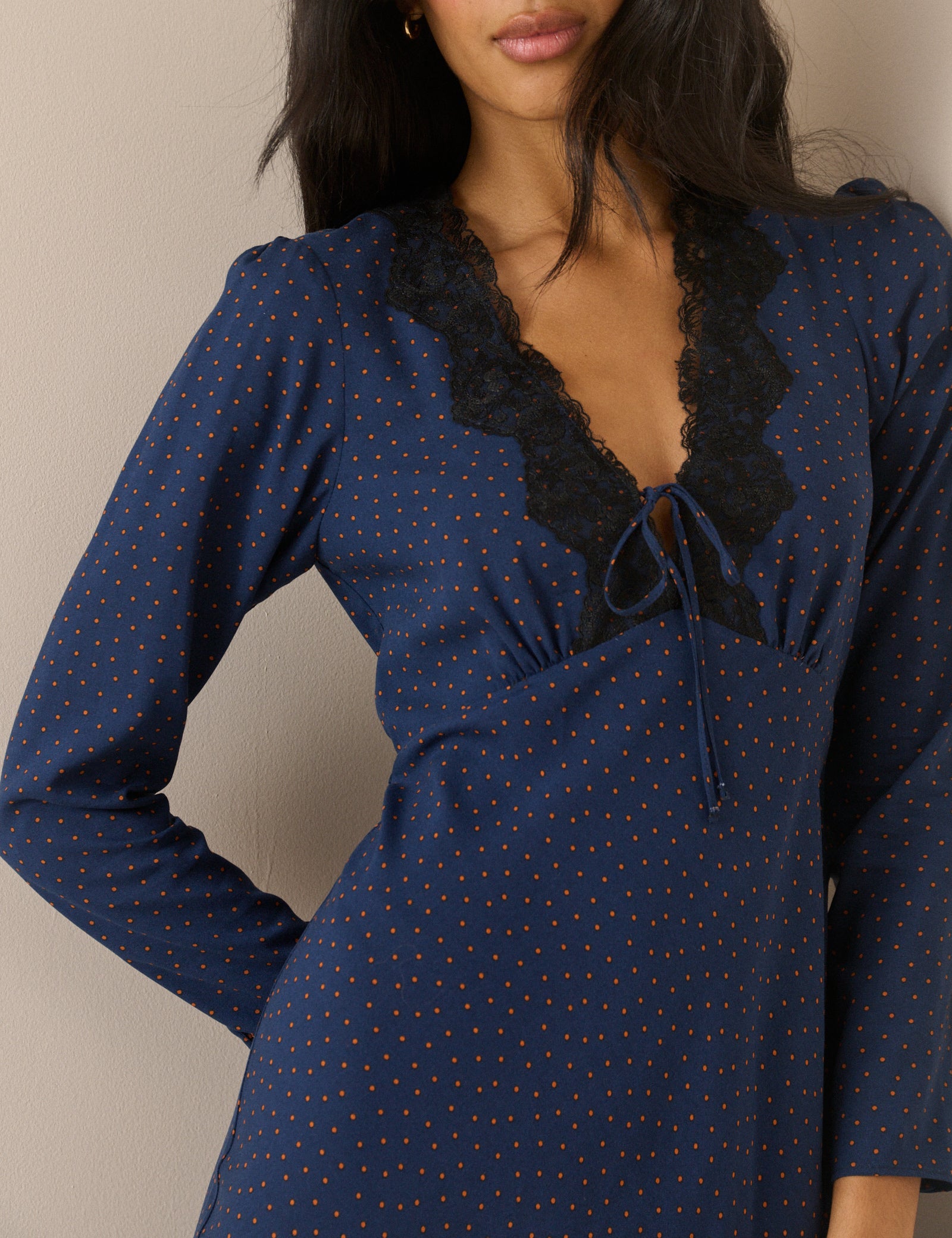 Navy Polka Dot Lace Trim Long Sleeve Aida Midi Dress