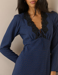 Navy Polka Dot Lace Trim Long Sleeve Aida Midi Dress