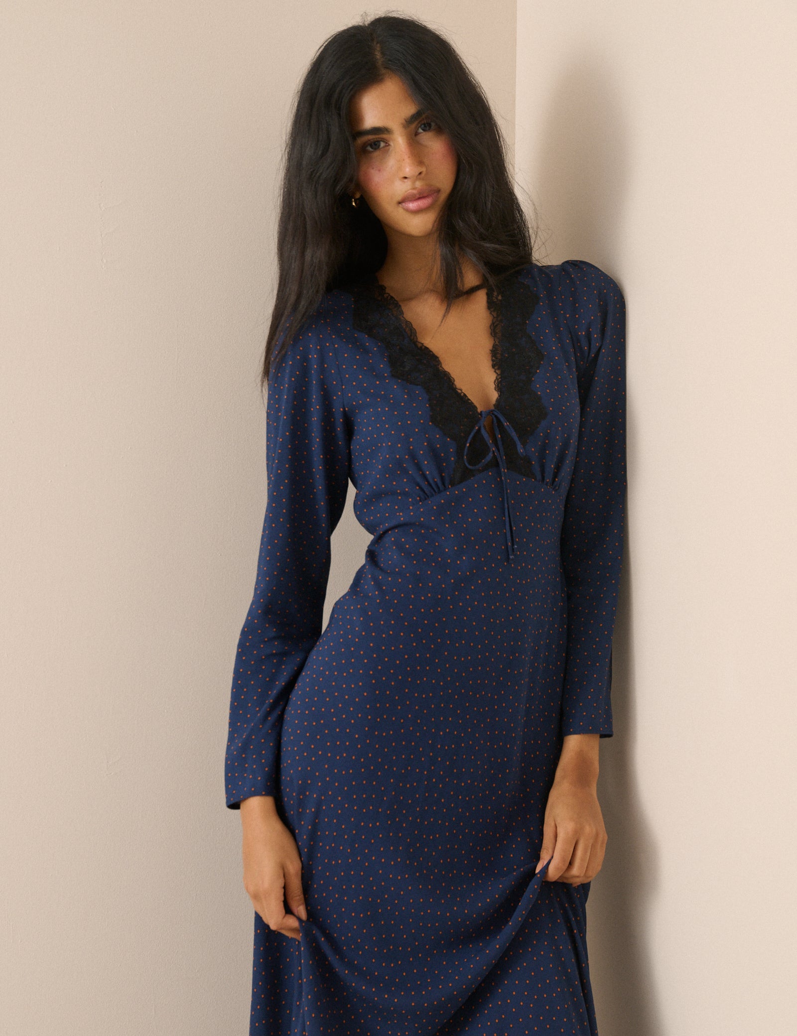 Navy Polka Dot Lace Trim Long Sleeve Aida Midi Dress