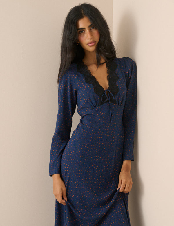 Navy Polka Dot Lace Trim Long Sleeve Aida Midi Dress
