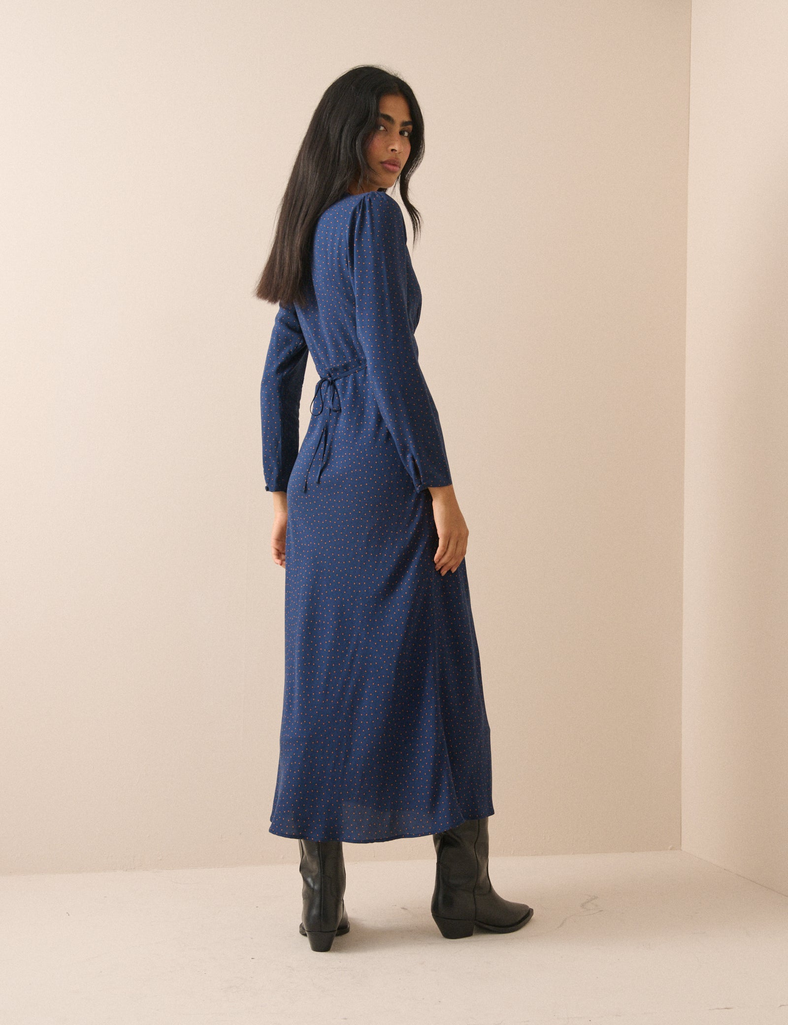 Navy Polka Dot Lace Trim Long Sleeve Aida Midi Dress