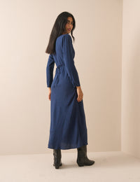 Navy Polka Dot Lace Trim Long Sleeve Aida Midi Dress