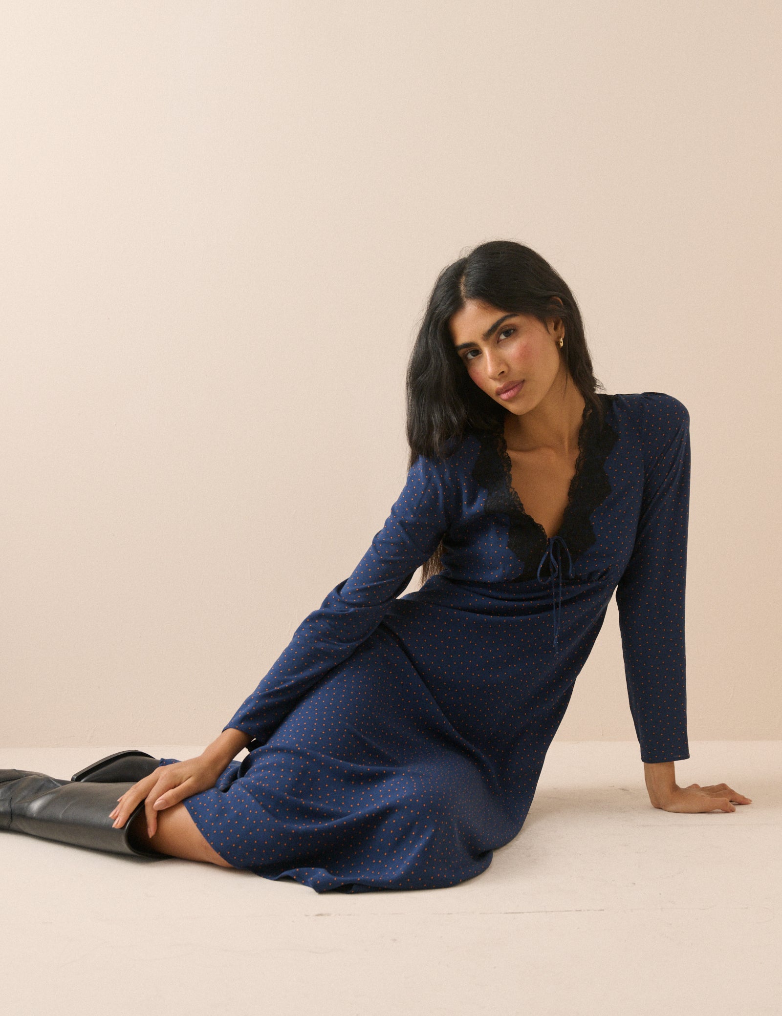 Navy Polka Dot Lace Trim Long Sleeve Aida Midi Dress