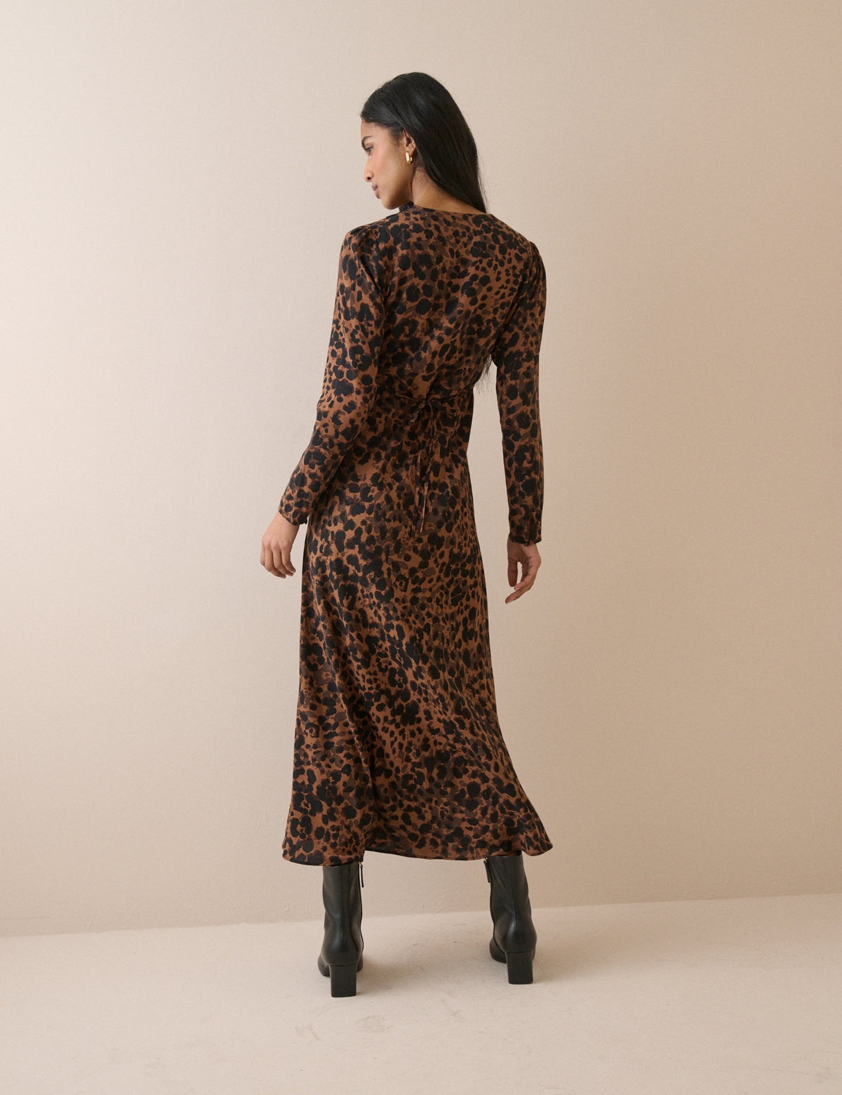 Leopard Print Lace Trim Long Sleeve Aida Midi Dress
