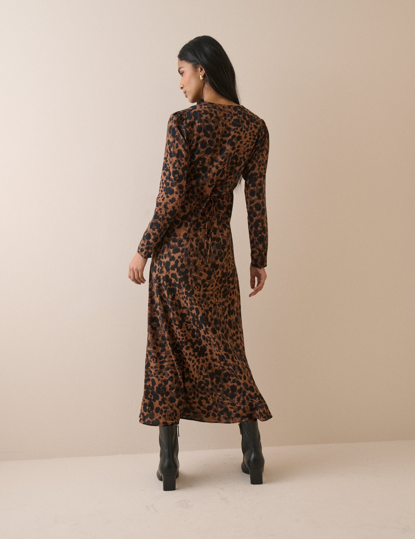 Leopard Print Lace Trim Long Sleeve Aida Midi Dress