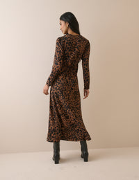 Leopard Print Lace Trim Long Sleeve Aida Midi Dress