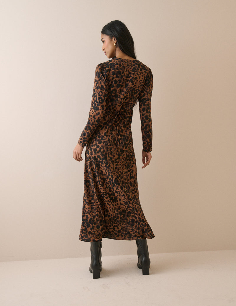 Leopard Print Lace Trim Long Sleeve Aida Midi Dress