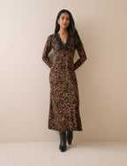 Leopard Print Lace Trim Long Sleeve Aida Midi Dress