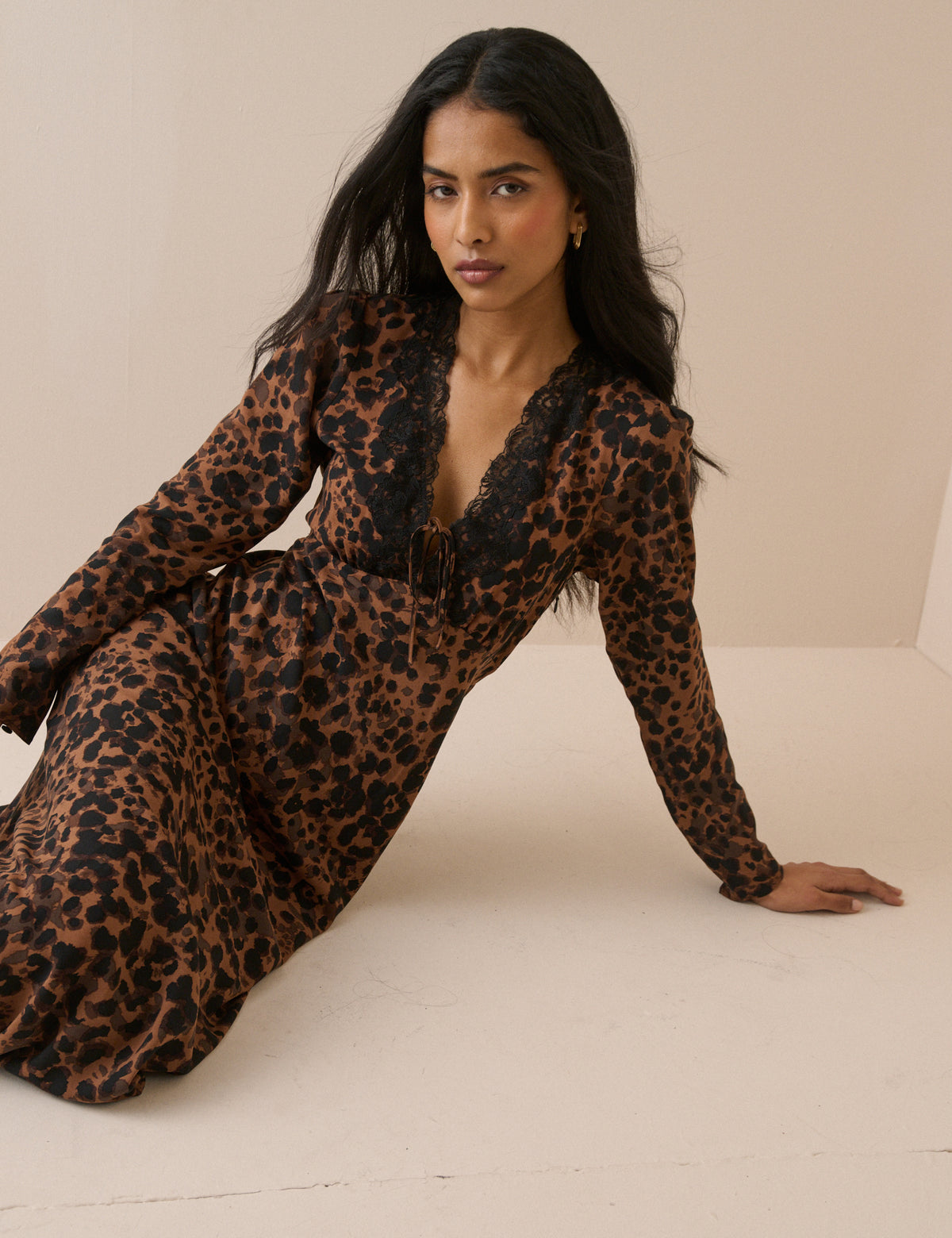 Leopard Print Lace Trim Long Sleeve Aida Midi Dress